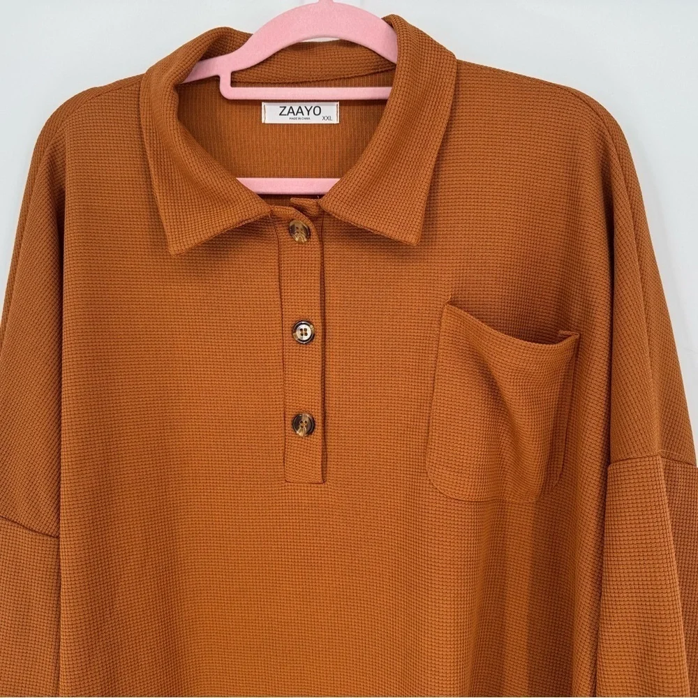 Zaayo Women's Orange/Brown Waffle Knit Fall Neutral Long Sleeve Sweater Size XXL